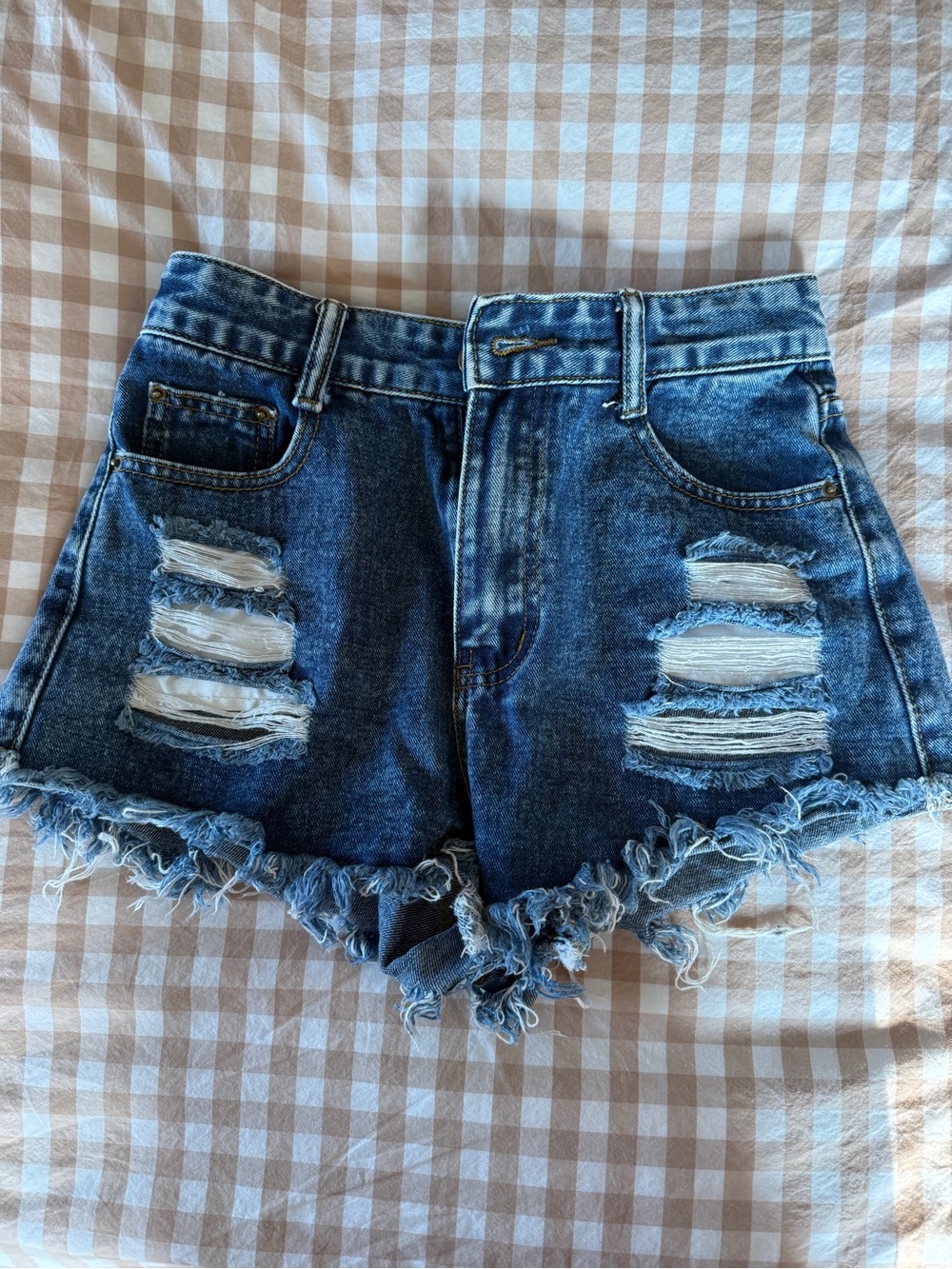 SHEIN Dark Blue Distressed High-Rise Denim Shorts